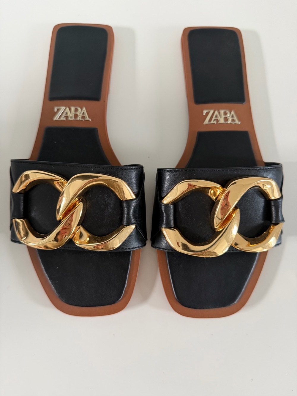 ZARA Black Slides with Large Gold Chain Detail